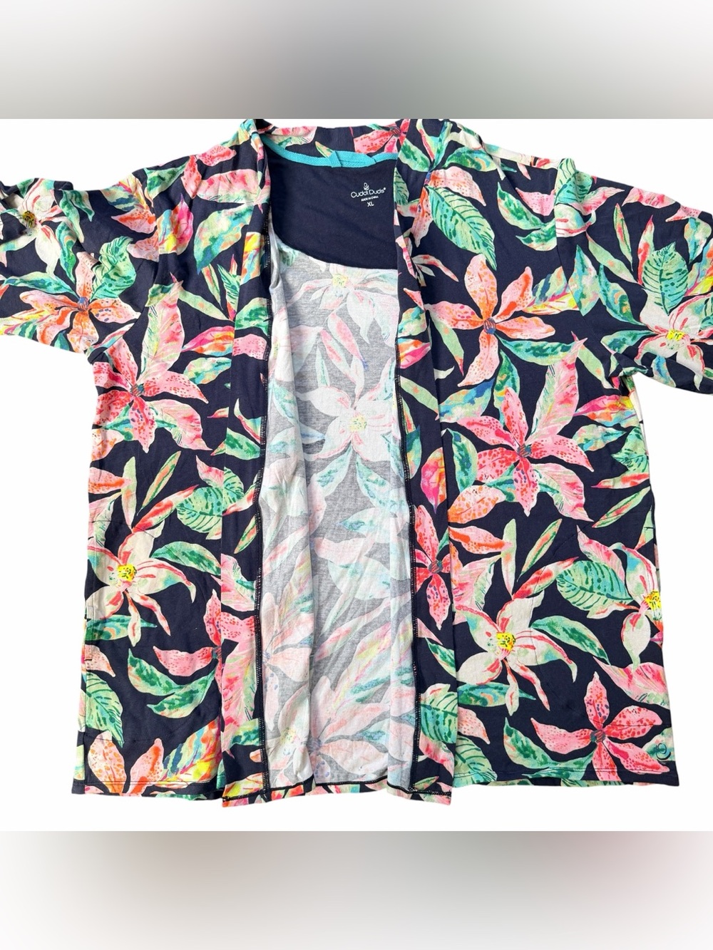 Cuddl Duds Floral Open Front Cardigan Robe Women XL Navy
